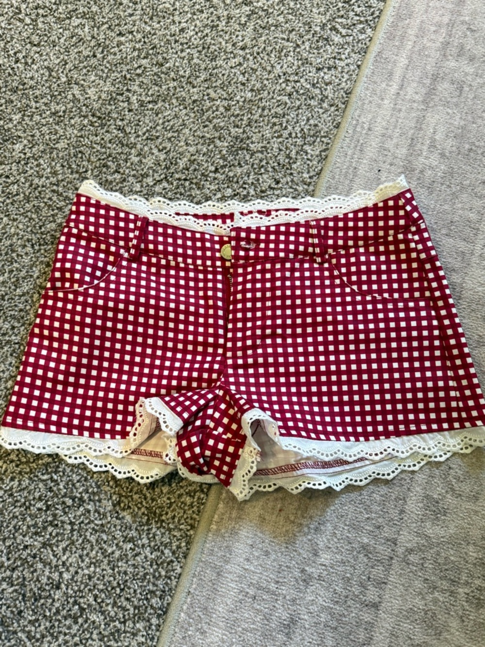 Lioness Red Gingham Lace-Trim High Waist Shorts
